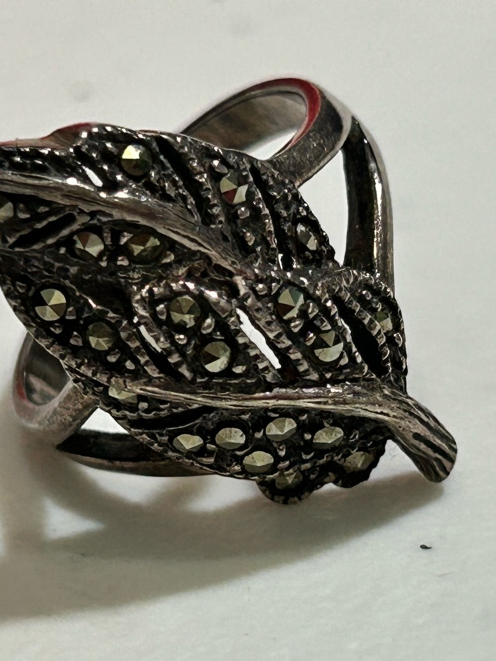 Sterling Silver Marcasite Leaf Statement Ring - Silver